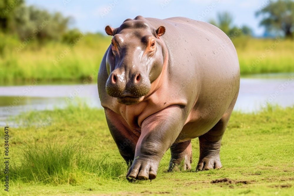 Hippopotamus Walking in a green field. Hippopotamus Walking in a green field.