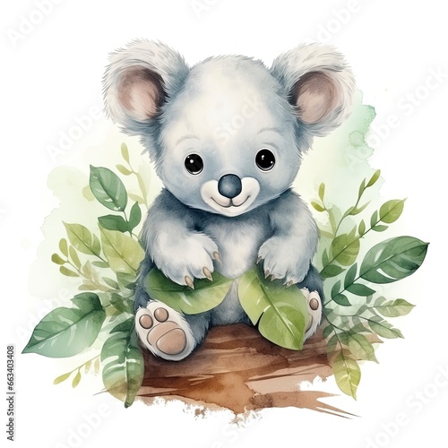 Happy cute koala in leaves in the watercolor style on the white background.