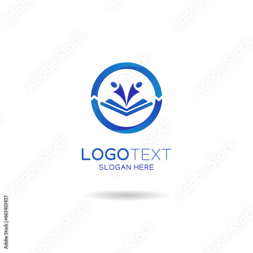 Education logo with a student and book illustration in blue color.