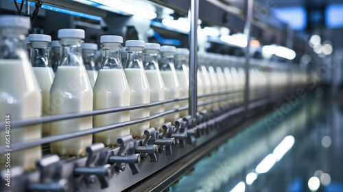 Filling milk or yoghurt in to plastic bottles on conveyor belt in factory, Concept with automated food production.