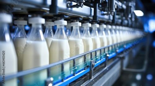 Filling milk or yoghurt in to plastic bottles on conveyor belt in factory, Concept with automated food production.