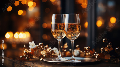 Glasses with champagne bubbles, New Year, Christmas, celebration, gold, bokeh photo, postcard, background, 2024 generative AI