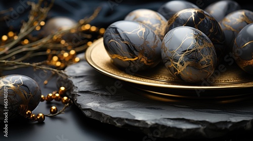 The basket with black eggs is colored like black marble with gold veins. Gorgeous Easter basket