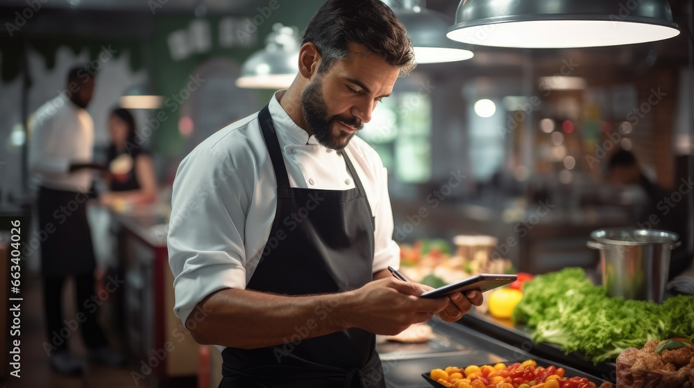 Fototapeta premium Gastronomy expert looking for dinner recipes using tablet in restaurant kitchen.