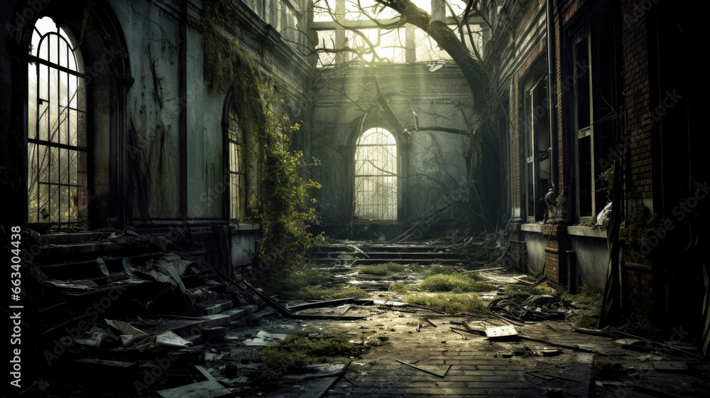 Indoors view of an abandoned old asylum haunting past echoes