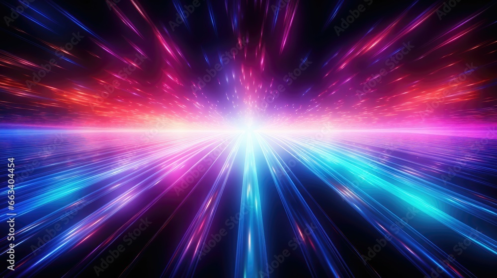 Abstract light pulses within optical fiber, vivid colors dance, futuristic technology, laser beams.