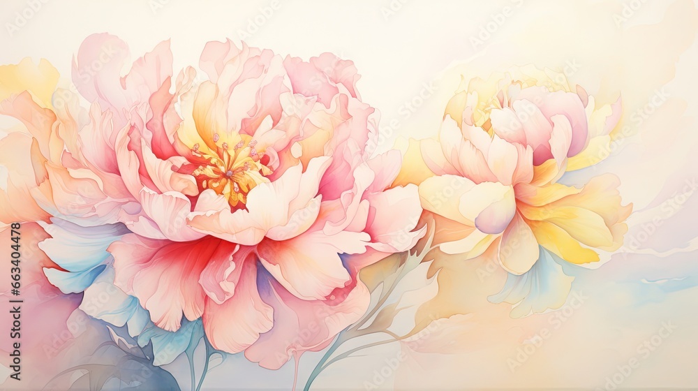 a painting of two large flowers on a white background with a yellow center. generative ai a painting of two large flowers on a white background with a yellow center. generative ai