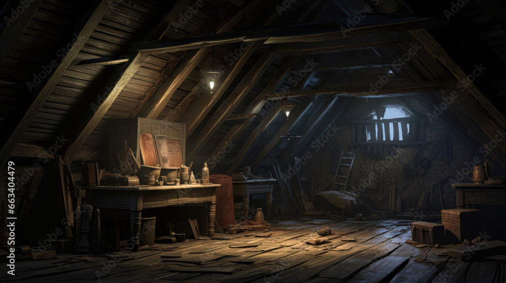 Ghostly presence in the dusty atmosphere of an old eerie attic Ghostly presence in the dusty atmosphere of an old eerie attic