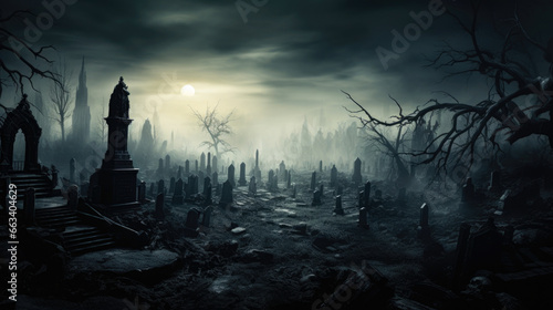Soft moonlight and eerie shadows in haunted and creepy graveyard photo