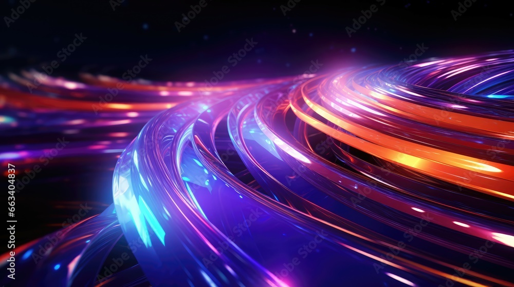 Abstract swirls of information travel through optical fiber, data superhighway, digital communication.