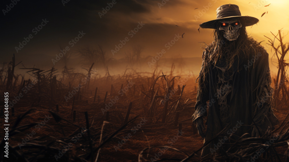 Eerie scarecrow guards barren cornfield