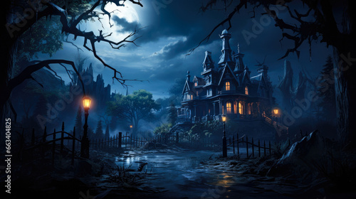 Haunted mansion illuminated by moonlight on a dark creepy night