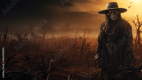 Eerie scarecrow guards barren cornfield