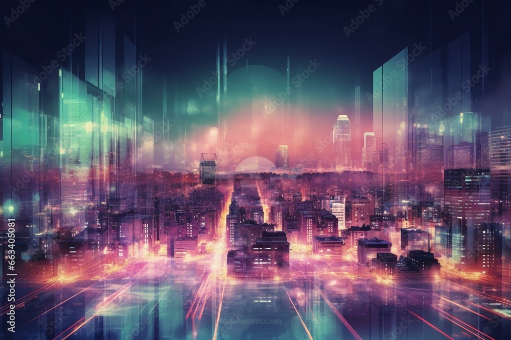 Blurred luminescent city in virtual world. Generative AI