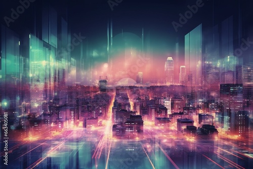 Blurred luminescent city in virtual world. Generative AI