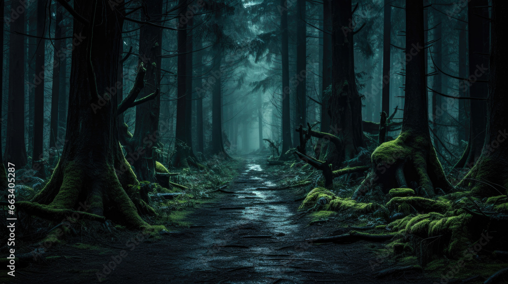 Chilling dusk and shadows on forest floor creating eerie atmosphere Chilling dusk and shadows on forest floor creating eerie atmosphere