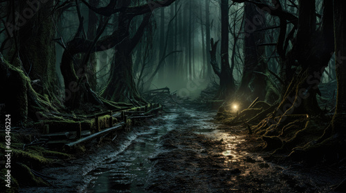 A spooky forest path leads to unknown fate in chilling dusk