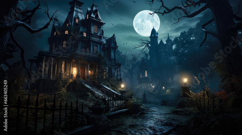 Mysterious night at the haunted Victorian mansion under moonlight © Paula
