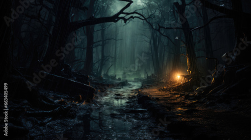 Dimly lit forest path through dense trees disappearing into the dark