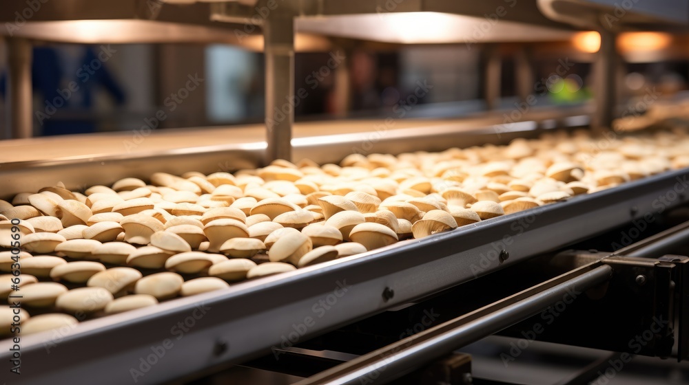 Mushrooms, Production of mushrooms on conveyor belt in factory, Concept with automated food production.