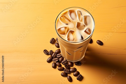 Iced Latte on yellow background.