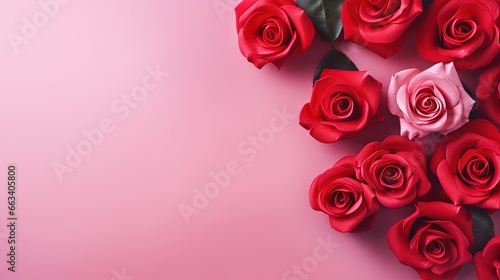  a bunch of red roses on a pink background with space for text.  generative ai