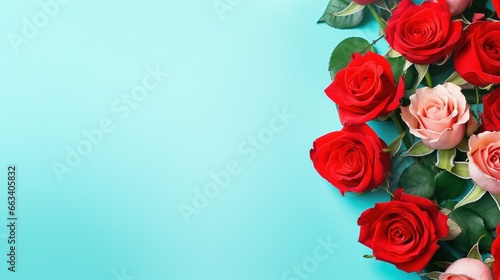  a bunch of red and pink roses on a blue background.  generative ai