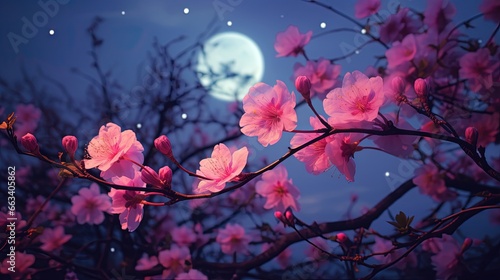  a full moon is seen behind a tree with pink flowers.  generative ai