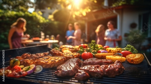 Group of friend is grilling and socializing a barbecue in a backyard.