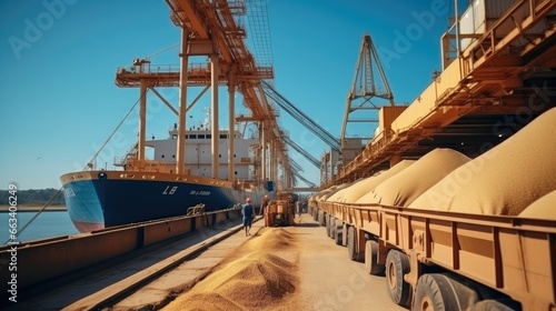 Transportation of food grains by boat, Port logistics, Grain deal concept. photo