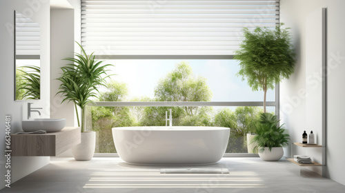 Modern bathroom interior design. Minimalist white open air bathroom with plants © Malambo/Peopleimages - AI