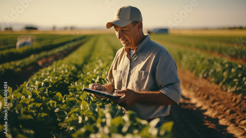 Male agronomist using digital tablet while checking crops in soybean field. photo