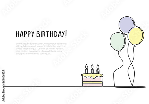Birthday cake and balloons. Continuous one line art drawing. Happy celebration banner