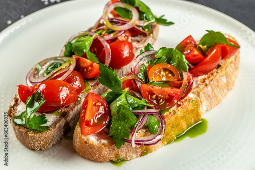 Healthy tomato toast, Italian, Vegetarian or Healthy food concept. Restaurant menu, dieting, cookbook recipe top view