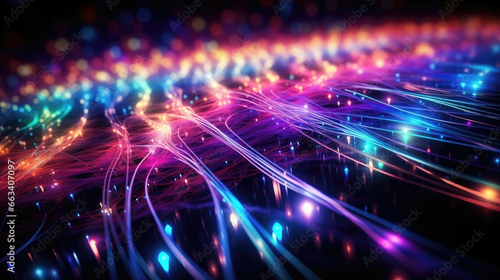Fototapeta premium Multicolored data streams through optical fiber, high-speed communication, data transmission, fiber-optic network.