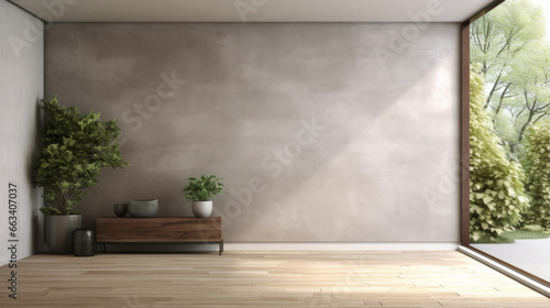 Empty room with grey wall  wooden floor with plants and window. Interior design mockup