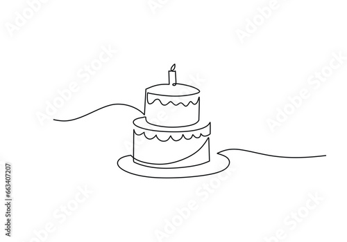 Happy birthday continuous line drawing with cake with candle. Celebration banner anniversary