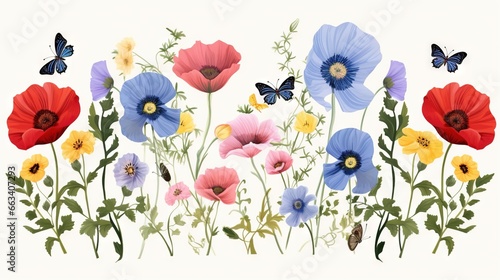  a bunch of flowers that are on a white background with a butterfly. generative ai