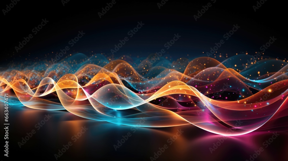 Multicolored light waves pulse through slender glass strands, transmitting data at high speeds.