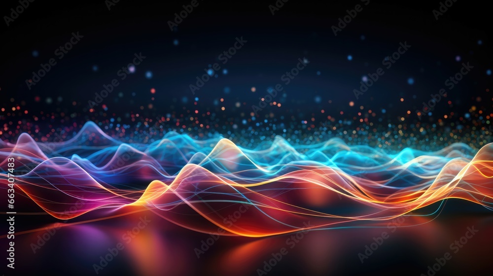 Multicolored light waves pulse through slender glass strands, transmitting data at high speeds.