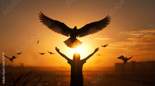 Silhouette of pigeon flying out two hands in air sunset background. Freedom making merit concept. Nature animal people hope pray holy faith. International Day of Peace theme. Generative AI.