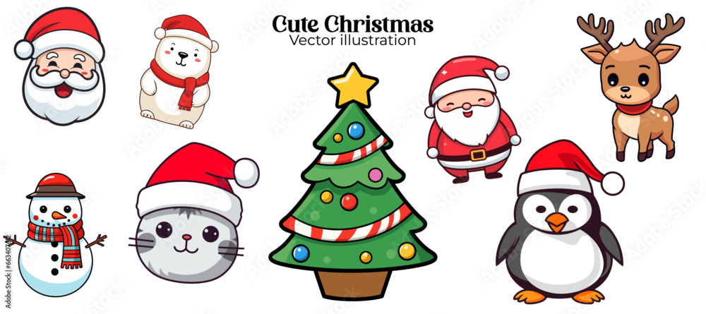 Santa Claus, Snowman, Reindeer, Cat, Polar Bear, Tree, Penguin: Cute Funny Christmas Set Collection. Vector Illustration for Kids Christmas Party - Transparent Background