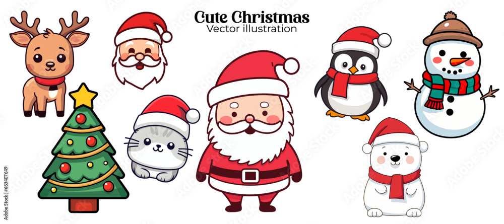 Vector Illustration for Kids Christmas Party: Cute Funny Christmas Set Collection with Santa Claus, Snowman, Reindeer, Cat, Polar Bear, Tree, Penguin - Transparent Background