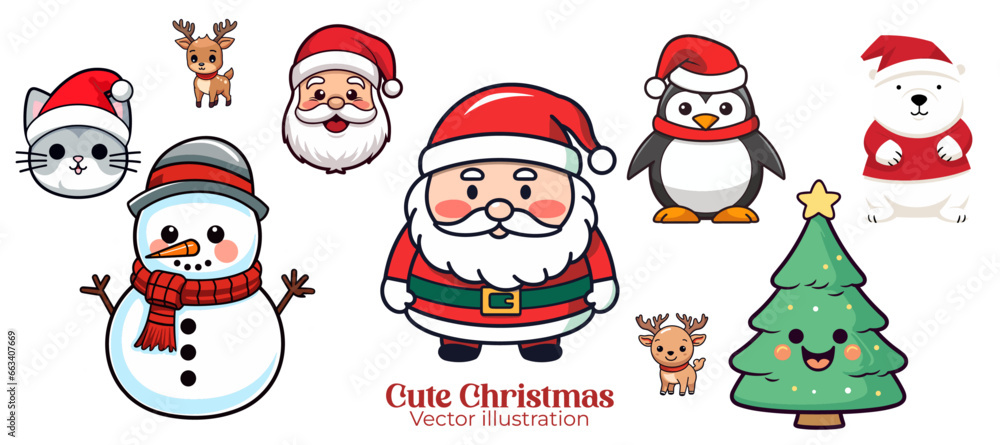 Christmas Party for Kids: Cute Funny Vector Illustration of Santa Claus, Snowman, Reindeer, Cat, Polar Bear, Tree, Penguin in a Set Collection - Transparent Background