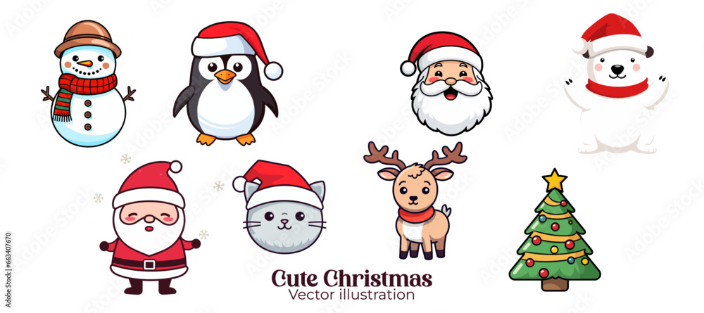 Cute Funny Set Collection for Kids Christmas Party: Santa Claus, Snowman, Reindeer, Cat, Polar Bear, Tree, Penguin Vector Illustration - Transparent Background