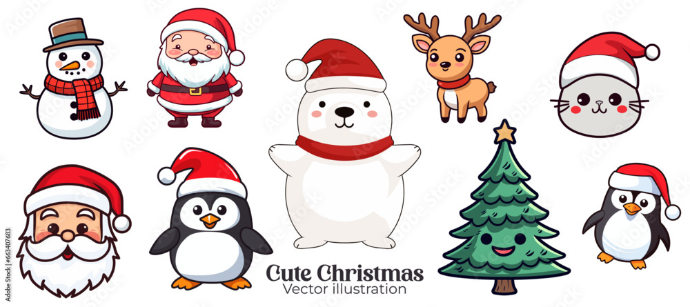 Christmas Set Collection: Santa Claus, Snowman, Reindeer, Cat, Polar Bear, Tree, Penguin. Cute Funny Vector Illustration for Kids Christmas Party - Transparent Background