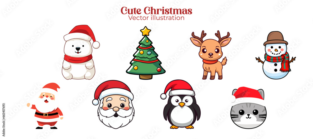 Fototapeta premium Cute Funny Vector Illustration of a Christmas Set Collection for Kids Party: Santa Claus, Snowman, Reindeer, Cat, Polar Bear, Tree and Penguin - Transparent Background