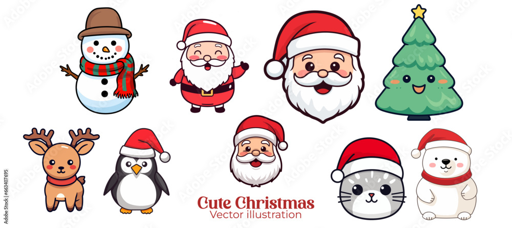Set Collection of Santa Claus, Snowman, Reindeer, Cat, Polar Bear, Tree, Penguin for a Cute Funny Kids Christmas Party. Vector Illustration - Transparent Background