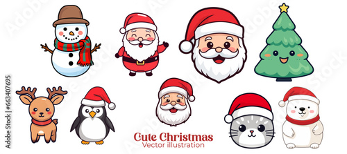 Set Collection of Santa Claus, Snowman, Reindeer, Cat, Polar Bear, Tree, Penguin for a Cute Funny Kids Christmas Party. Vector Illustration - Transparent Background