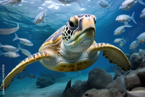 Turtle closeup with school of fish. © MdDin